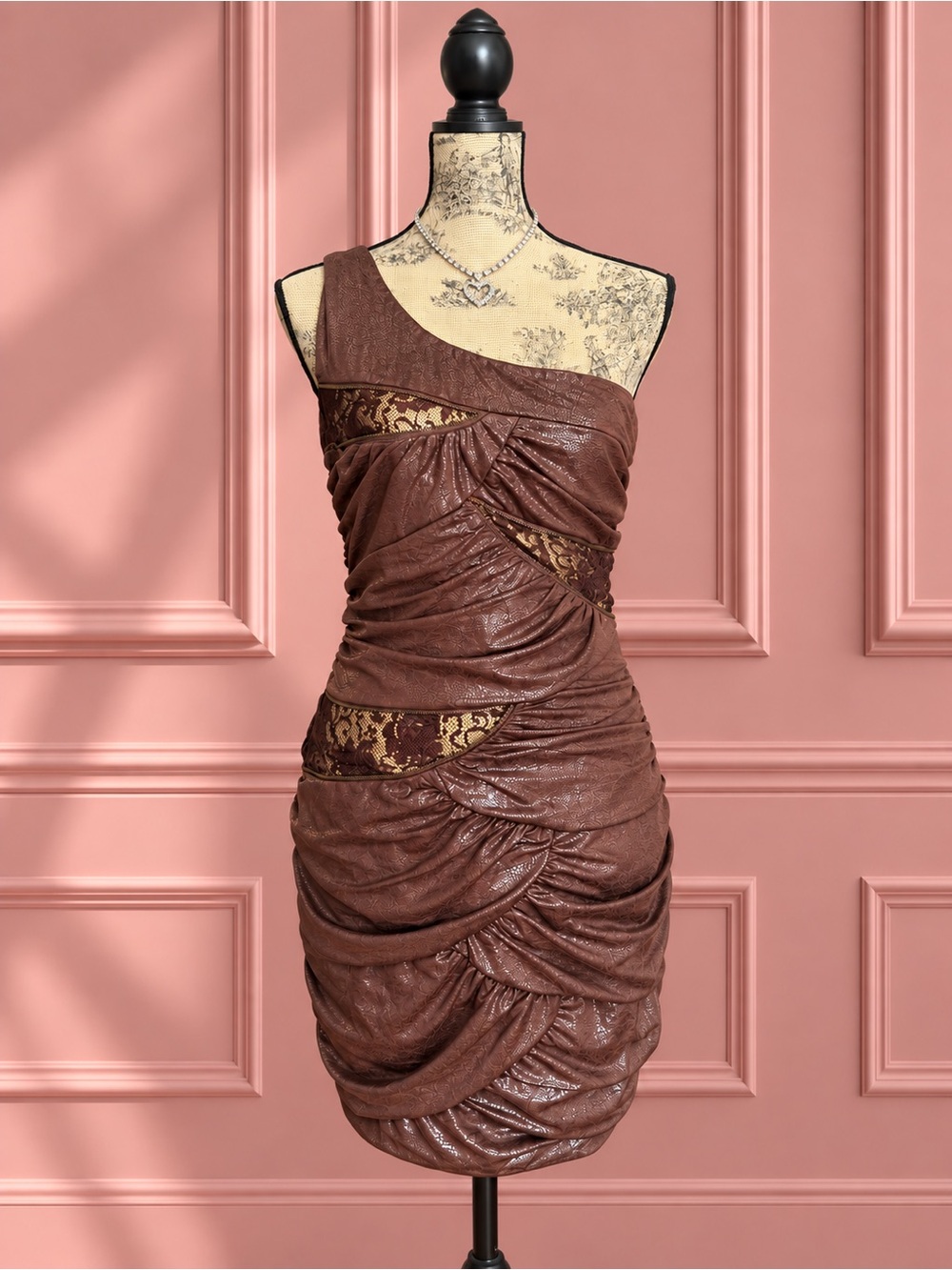 Y2K Entry Brown One-Shoulder Ruched Lace Mini Dress Size L